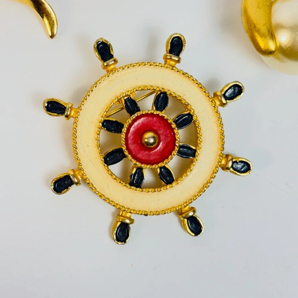 Vintage Brooch Pin Lot Multicolor Huge Gold Nautical Flower Statement
